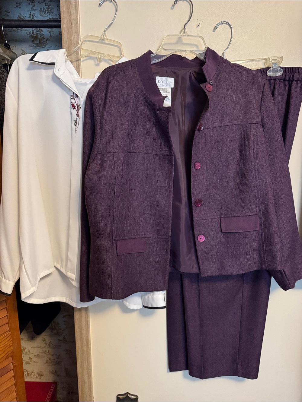Koret Purple Women's 3-Piece Suit Jacket & Pant with Long sleeve Blouse